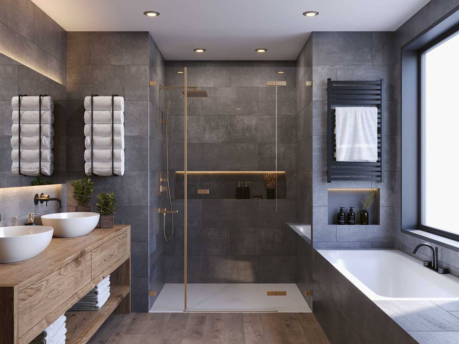 Mit «Viva» zeigt sich die Dusche als Teil eines durchdachten Farbkonzepts. Die Pendeltür ist in Sonderfarben erhältlich, ihre veredelten Beschläge greifen Oberflächen von Armaturen auf und schaffen so eine ruhige, elegante Einheit. DUSCHOLUX.