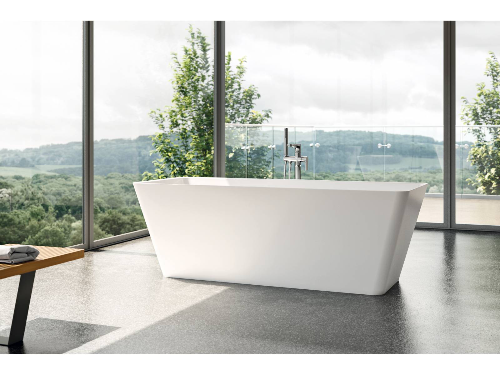 Die freistehende Badewanne «Formia» wird aus dem innovativen Material Bestone hergestellt und erfüllt mit ihrer rechteckigen Form alle Ansprüche an geradliniges Design und Komfort. Duscholux.