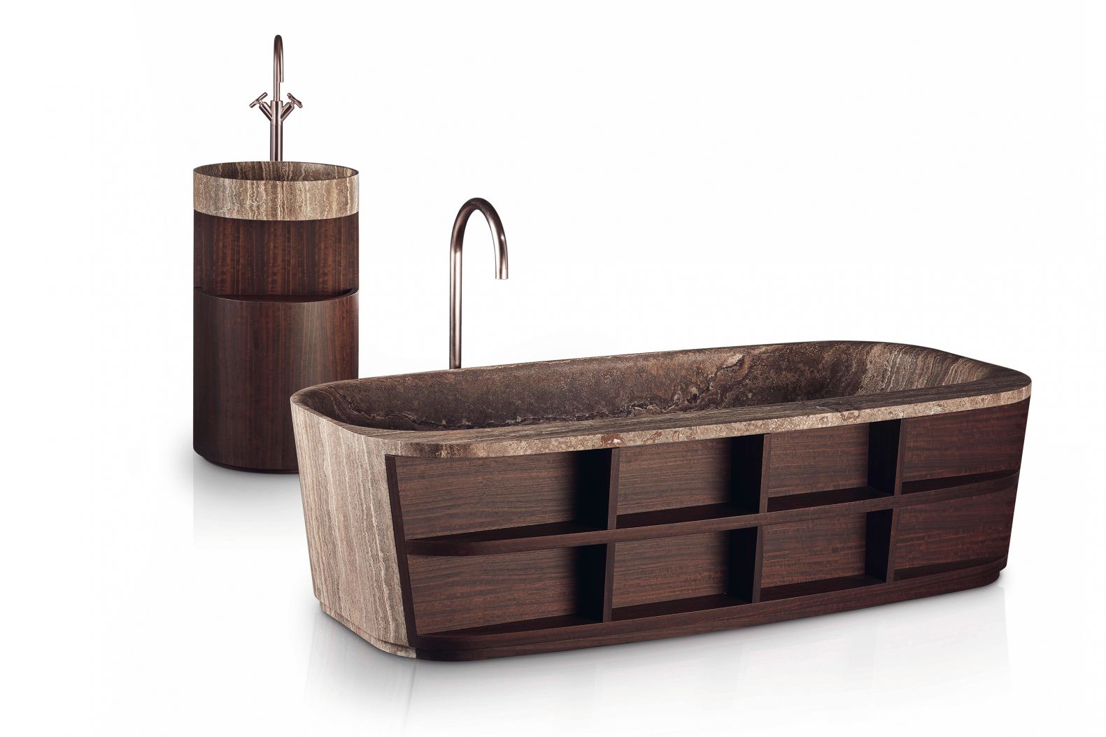 «Hug» vereint nicht nur zwei so unterschiedliche Materialien wie Holz und Marmor, sondern schafft auch den perfekten Ausgleich zwischen offenen und geschlossenen Elementen. Die Kollektion umfasst Badewanne und freistehendes Waschbecken. Kreoo.